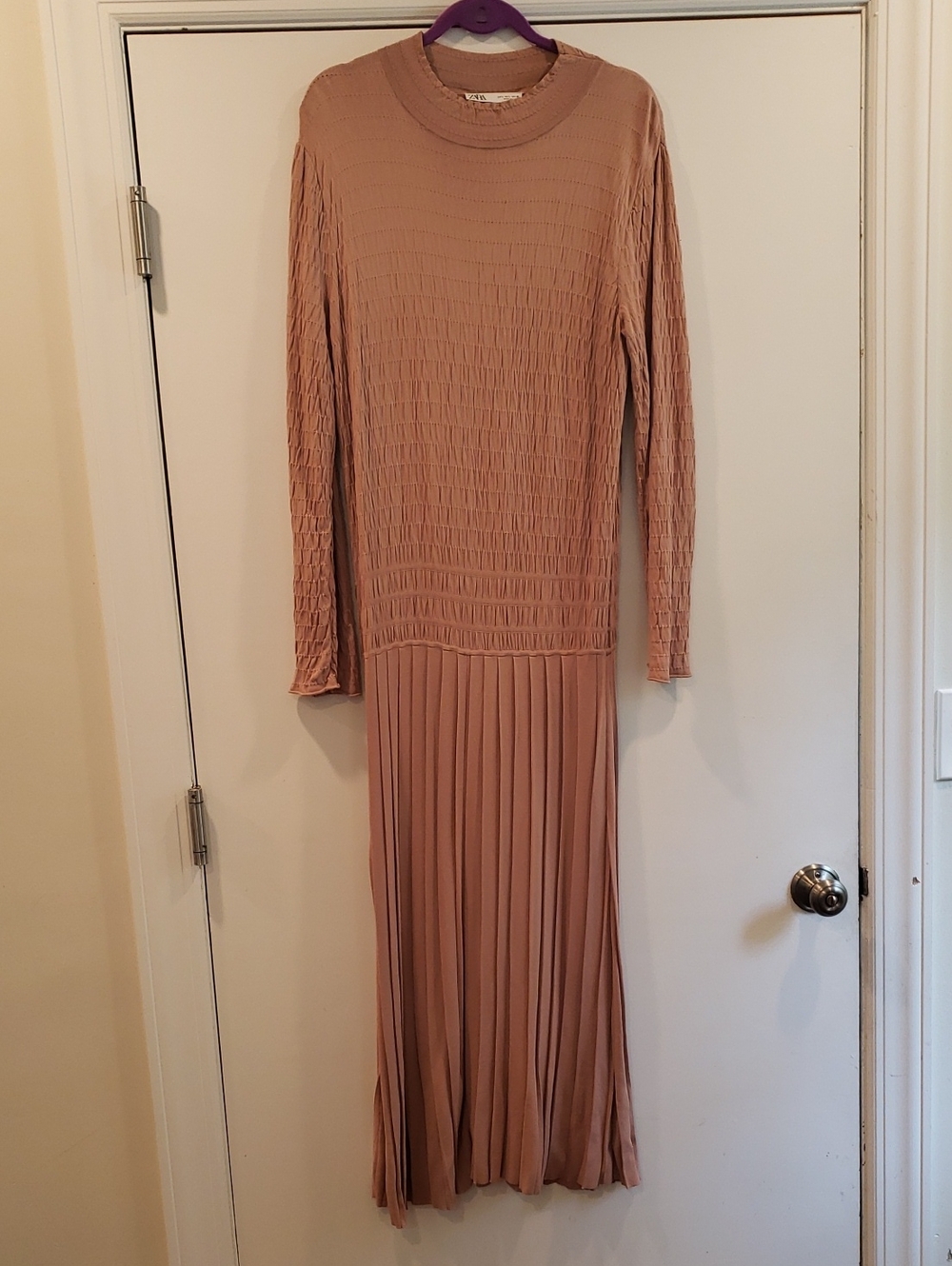 Zara Mauve Pleated Long Sleeve Midi Dress